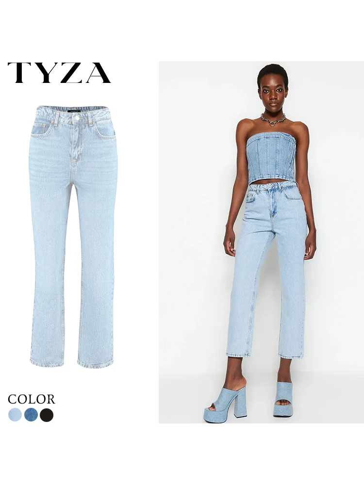 Trendyol TYZA Women's Jeans Casual Double Side Pockets Beltless Denim Straight Leg Plain Zip fly Pants Fashion Clothing