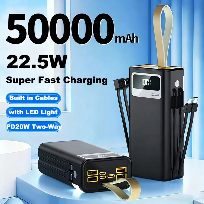 

Power Bank 50000mAh with Cable Light 22.5W Fast Charging Portable Charger for iPhone Samsung Huawei Xiaomi External Battery Pack