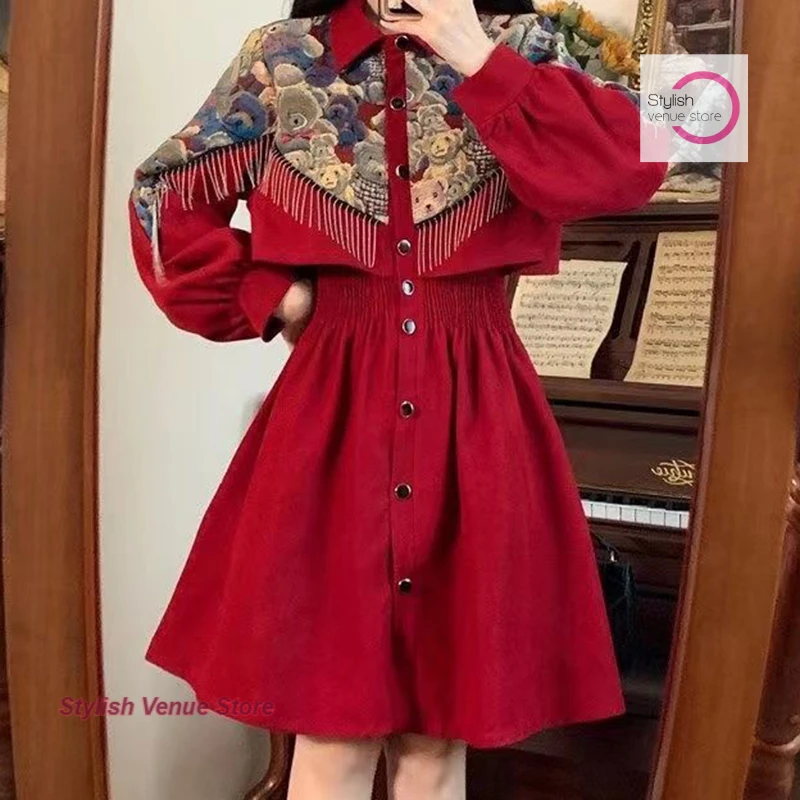 

Plus size national wind new Chinese tassel fake two-piece dress women's spring and autumn new loose slim temperament shirt skirt