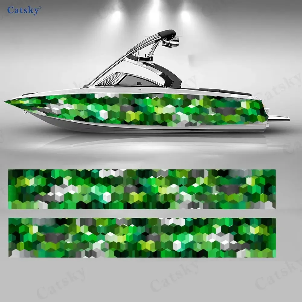 2Pcs Stereo Green Tone Block Boat Sticker, PVC Waterproof Durable Vinyl Wrap Decals for Fishing Boat, Durable and Stylish Design