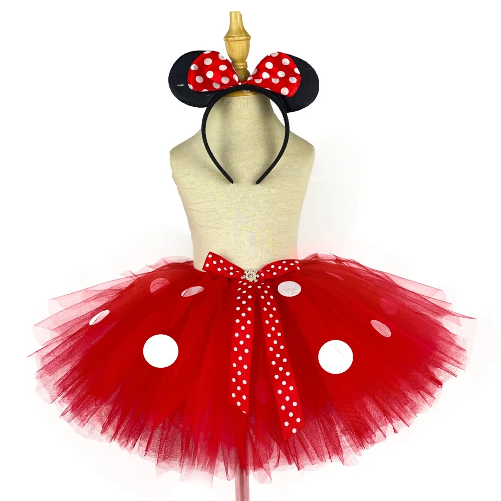 Faldas de tul rojas de dibujos animados para niñas, tutús de ballet para bebés con lunares blancos y lazo para el pelo, disfraz de fiesta de cosplay para niños
