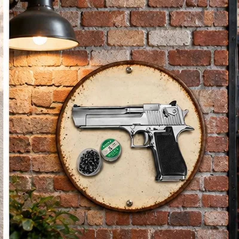 20x20cm Pistol Metal SignsExuding Military Flair, Ideal As Wall Decoration in Man Cave, HomeCafe, Garden, Club and Bar Settings.