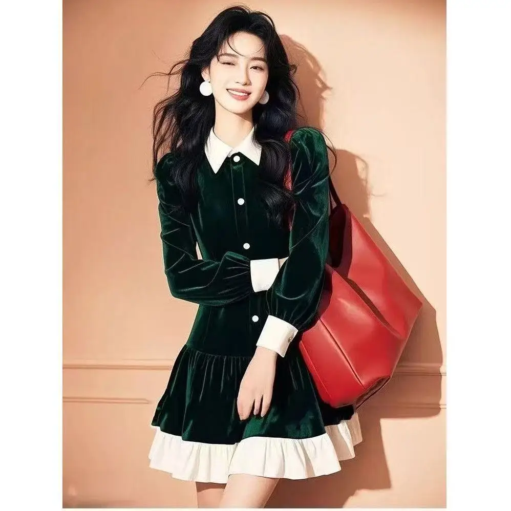 

Элегантное бархатное платье французского Хепберн, весеннее женское новое тонкое короткое платье трапециевидной формы с длинными рукавами, красивое праздничное платье