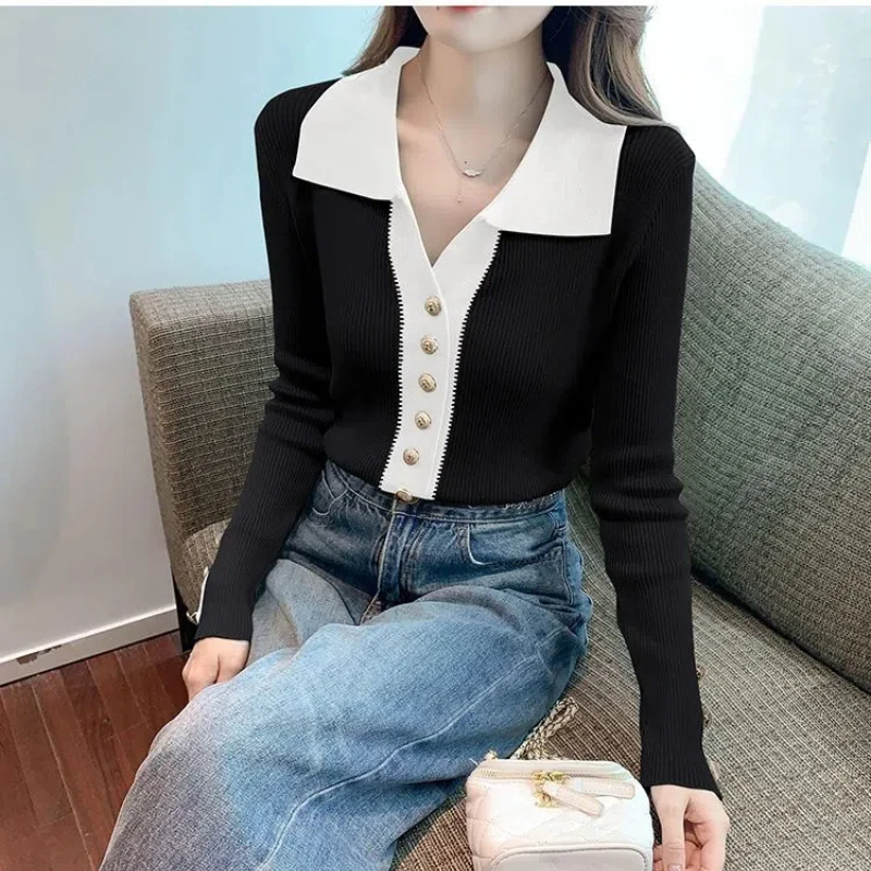 Korean Polo Collar Women\'s 2024 Autumn New Item Spliced Button Screw Thread Fashion Slim Versatile Long Sleeved Knitted Tops