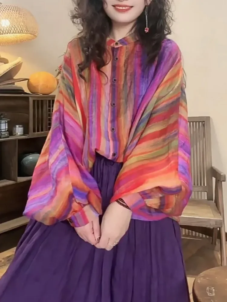 Chemise à manches longues rayée arc-en-ciel pour femmes, décontractée, imprimée, col fantaisie, haut ample et Long, nouvelle collection automne 2025