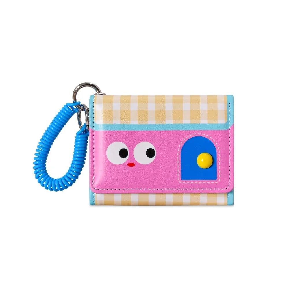 Multifunctional Dopamine Color Short Wallet Ultrathin Tri-fold Leather Card Holder Compact Spring Rope Cartoon Coin Purse Card