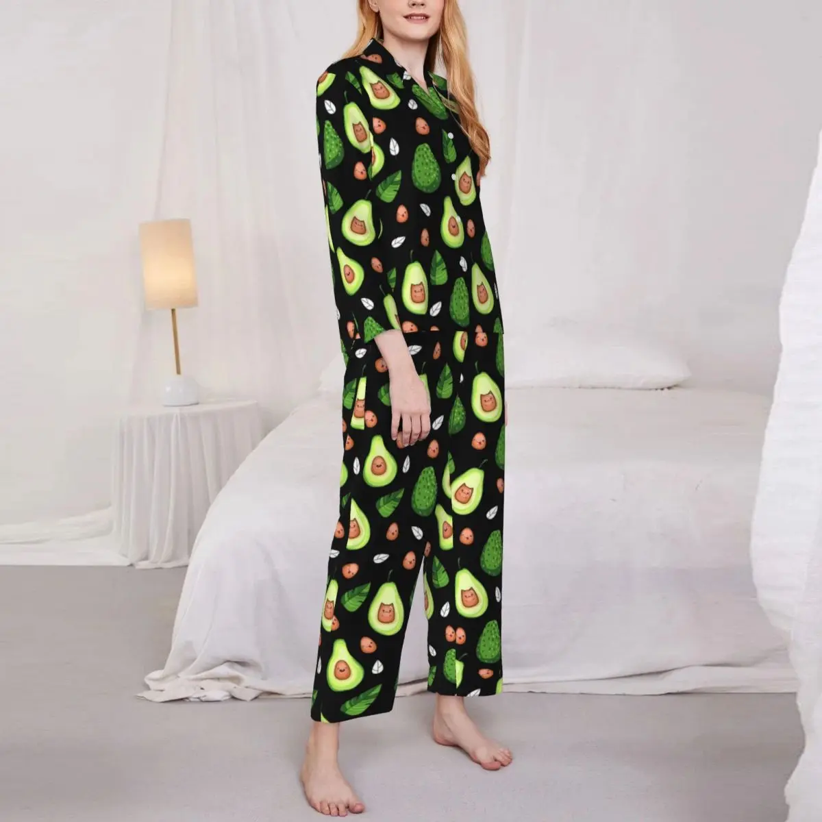 Kawaii Avocado Pajama Set Autumn Green Fruit Print Night Sleepwear Women 2 Piece Casual Oversized Design Nightwear Birthday Gift