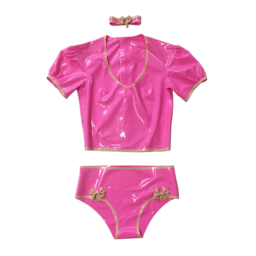 Latex Rubber Women Pink Top Shirt and Short with Neck Collar Handmade Costumes S-LSW032