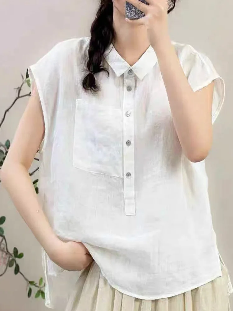 

Summer New Vintage Artistic Casual Flng Sve Pure Flax ket Faion Slim Fit Collar Thin Top Women's irt