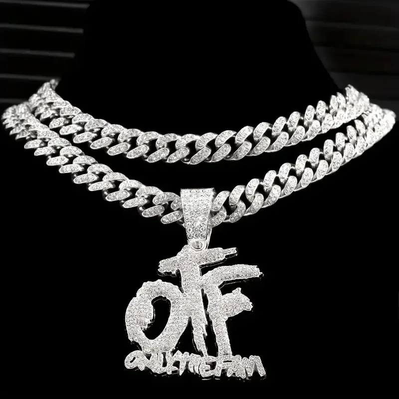 Fashionable English Letter OTF Full Drill Pendant Necklace Cuban Style For Men And Women Hip Hop Street Jewelry