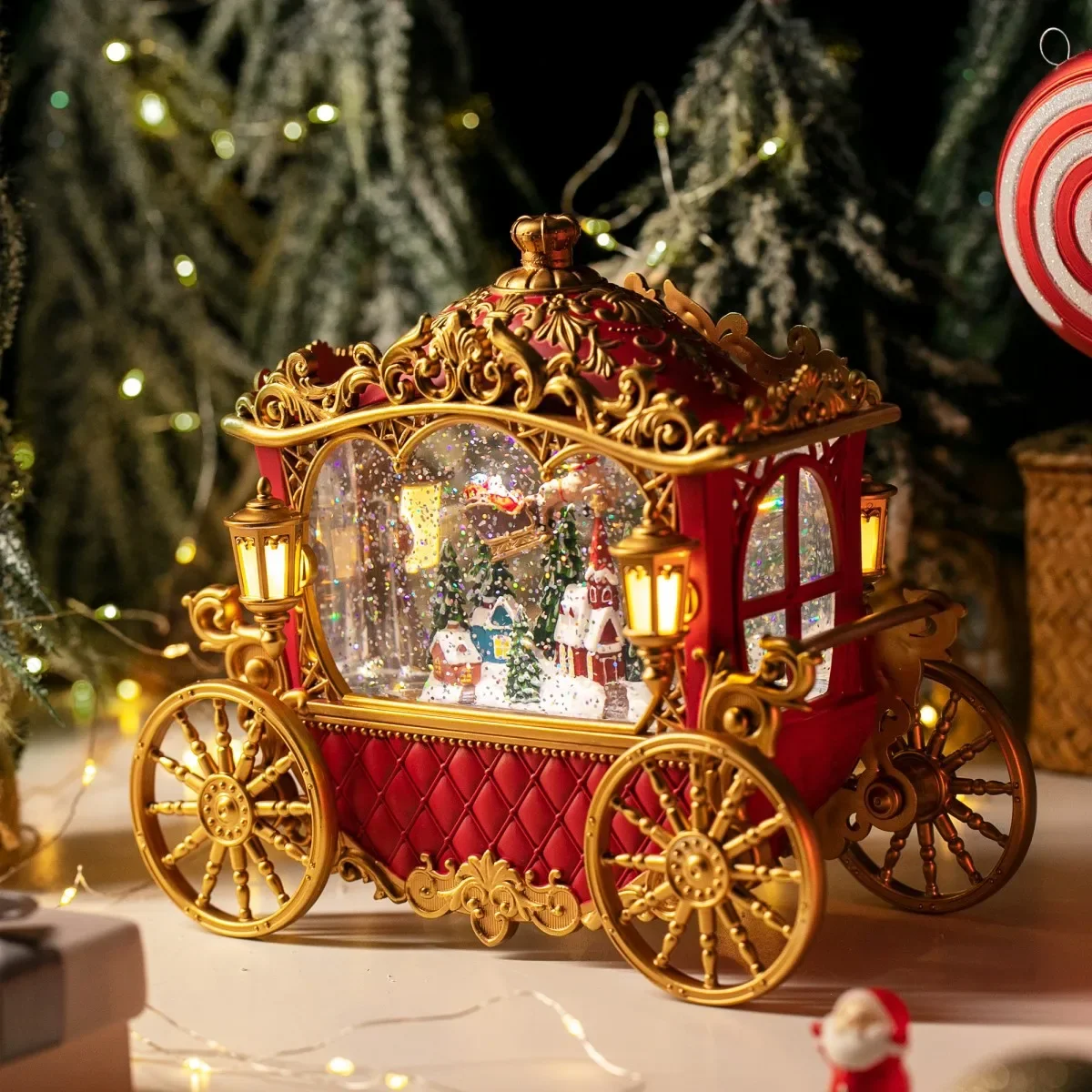 2Pcs/Lots 2024 Christmas, Court Carriage Music Box Christmas Decoration Crystal Lights Snow Music Box Ornament Children's Gifts