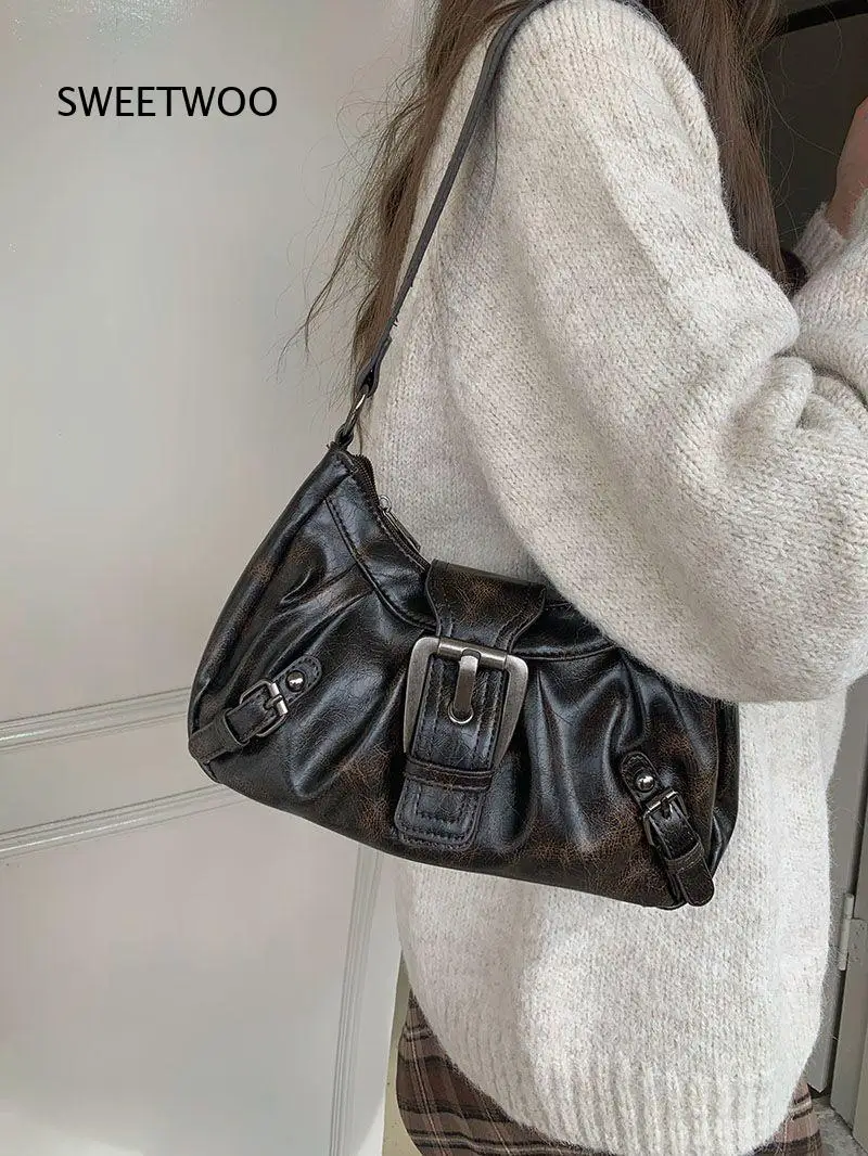 Y2K Motorcycle Underarm Bag for Women Retro Style Shoulder Purse Crossbody Handbag Fashionable Bag
