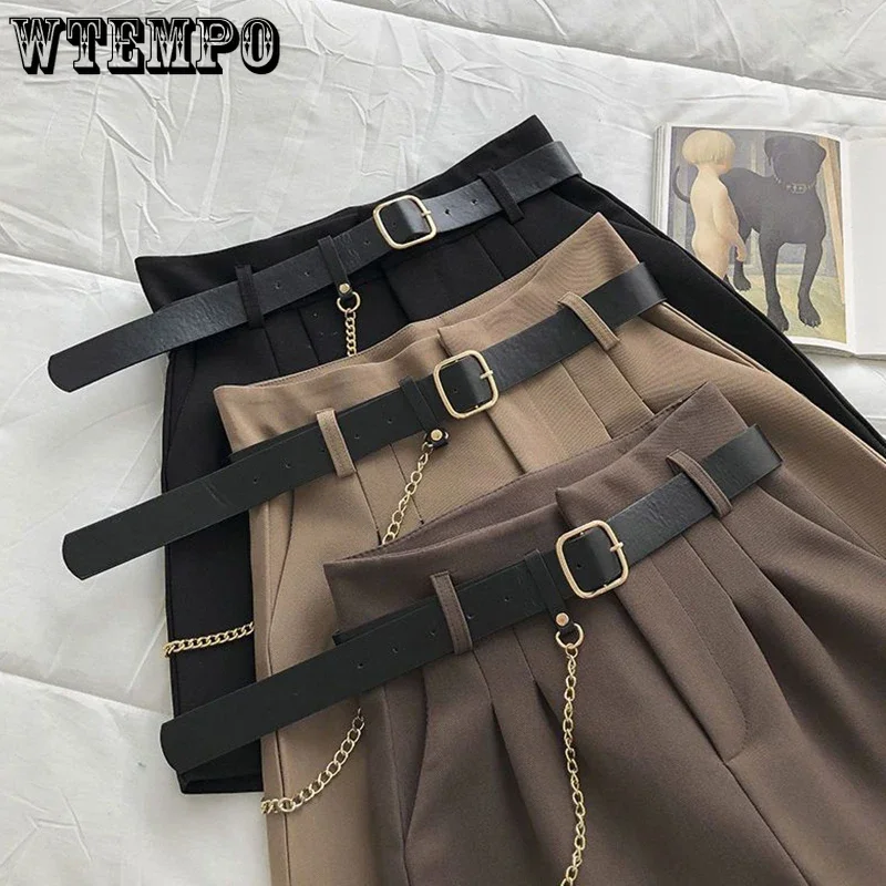 WTEMPO Spring Fall Loose Casual Thin Solid Tailored Shorts Women New Fashion High Waist A-line Wide Leg Short Pants with Belt