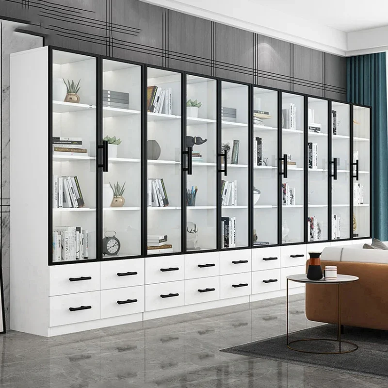 Glass door bookcase, solid wood customized with door combination background wall, simple display cabinet, whole wall storage