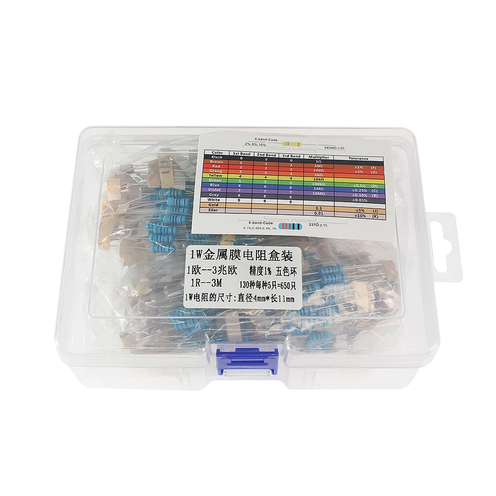 650-2600개 1/4W 1/2W 1W 1% 금속 필름 저항기 세트 1-3MΩ 130가지 값 1.2Ω 10Ω 100Ω 1KΩ 10KΩ 100KΩ 0.25W/0.5W/1W 저항기 키트