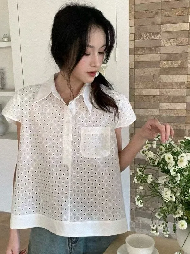 Csa de manga corta a la moda de verano para mujer, cuello  calado, Top pequeño y bonito de estilo coreano juvenil dulce