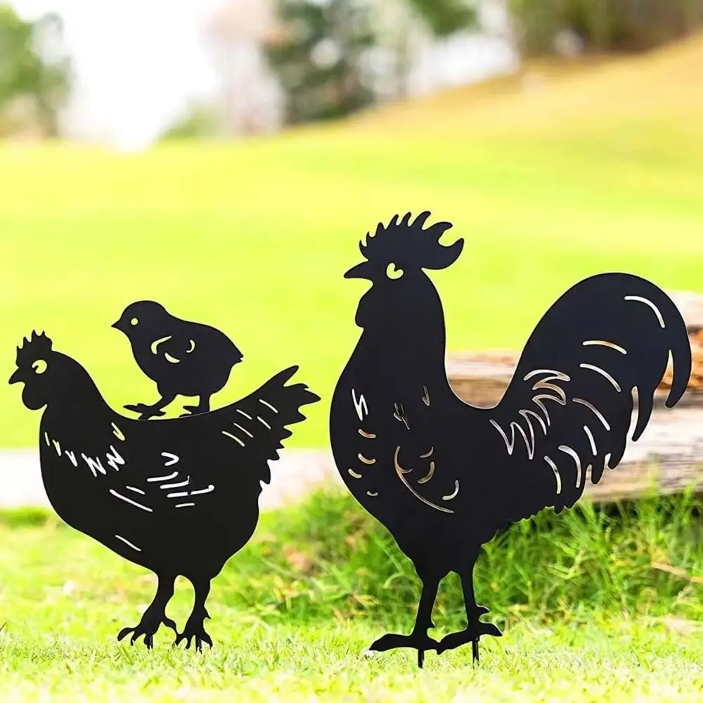 3Pcs Easy to Use Black Chicken Statue Handmade Anti-rust Rooster Garden Sculpture Cartoon Metal Animal Ornaments Garden