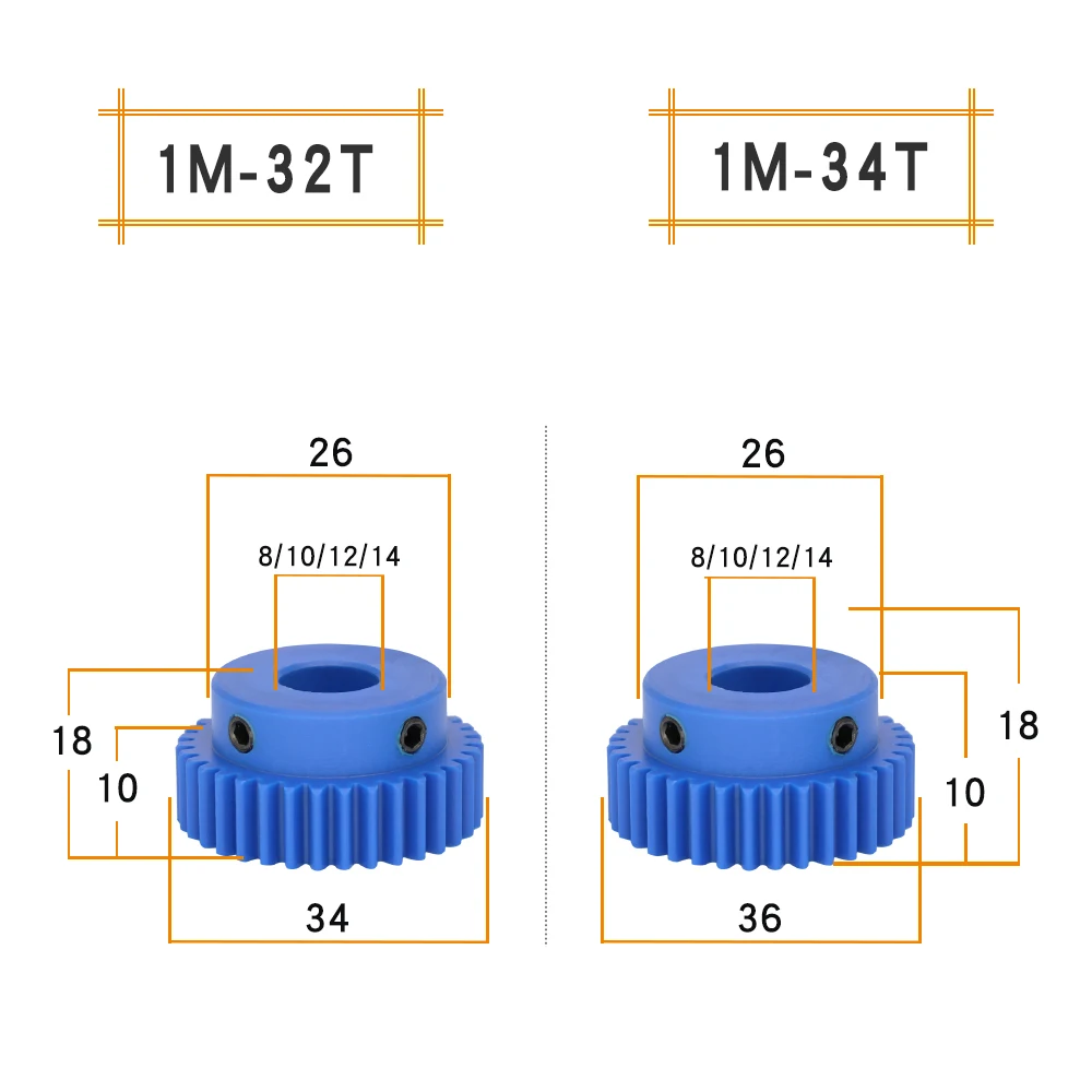 Motor Gear 1M-32T/34T/35T/36T/38T/40T Bore 6/8/10/12/14/15mm plastic gear Teeth Pitch 3.14mm Teeth Height 10mm Total Height 18mm