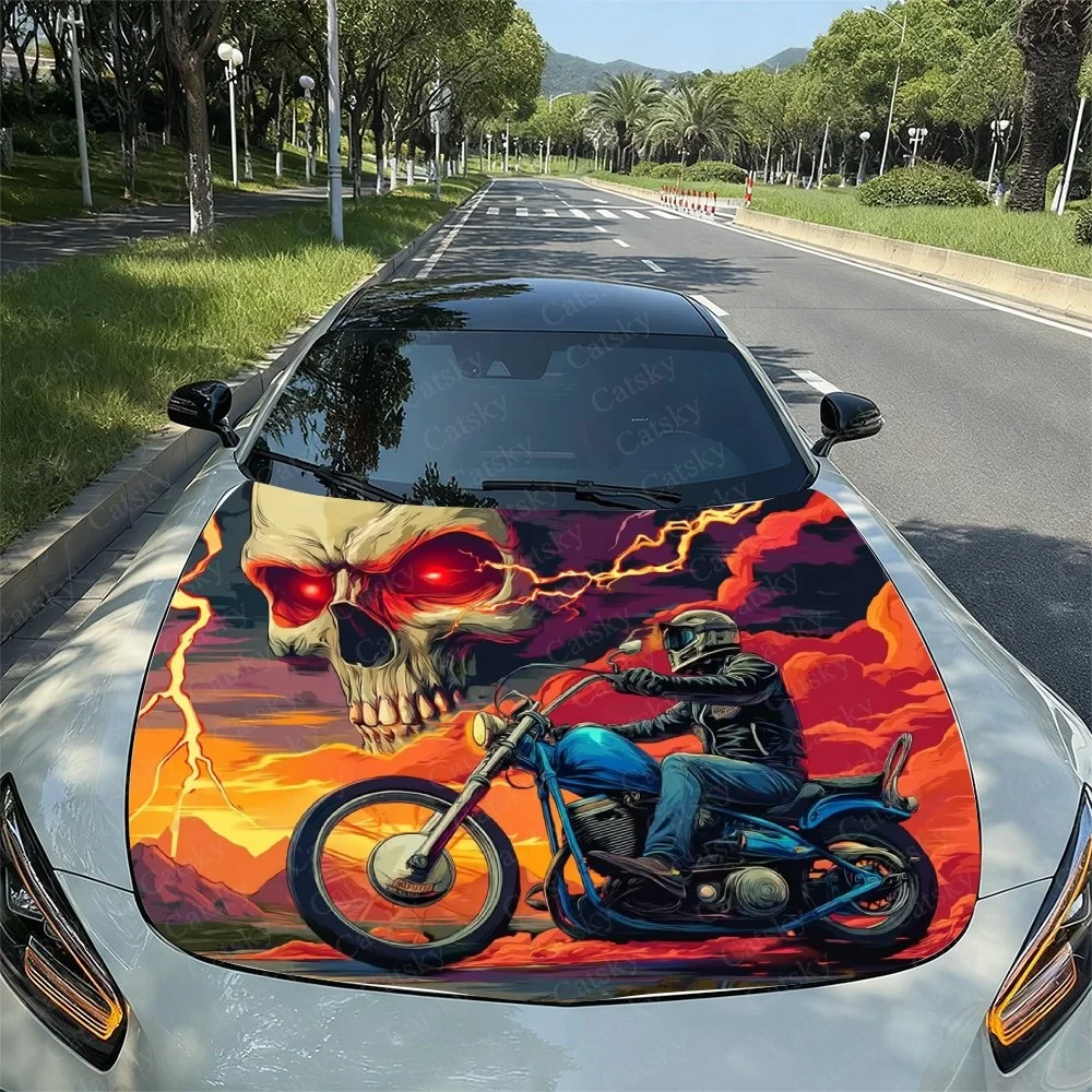 Skull Red Eyes Rider Car Hood Sticker PVC Self Waterproof Stick, Striking Auto Exterior Accessories Decor Protect Gift for Lover