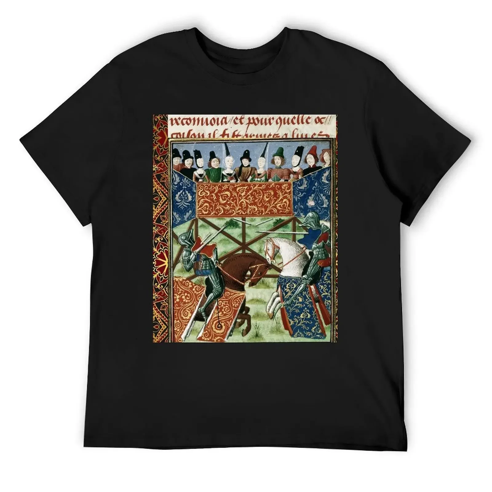 MEDIEVAL TOURNAMENT, FIGHTING KNIGHTS HORSEBACK ,DAMSELS RED YELLOW FLORAL T-Shirt summer clothes anime figures anime shirts men