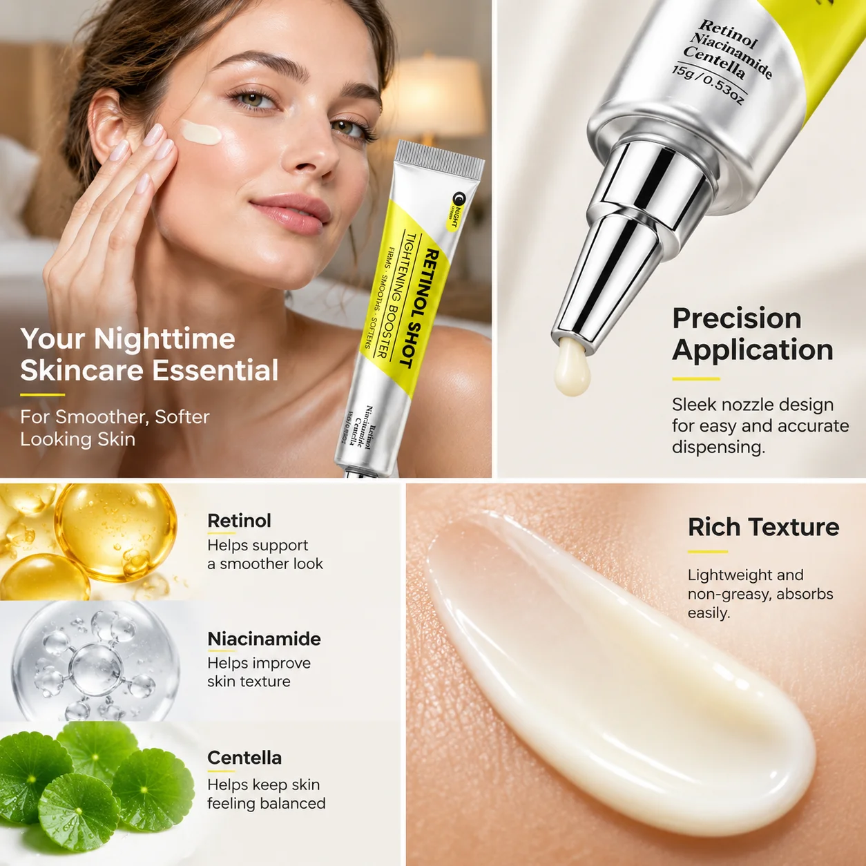 Retinol Night Cream Niacinamide Centella Asiatica Lightweight Moisturizer Locks in moisture hydrating Non Greasy Facial Skincare