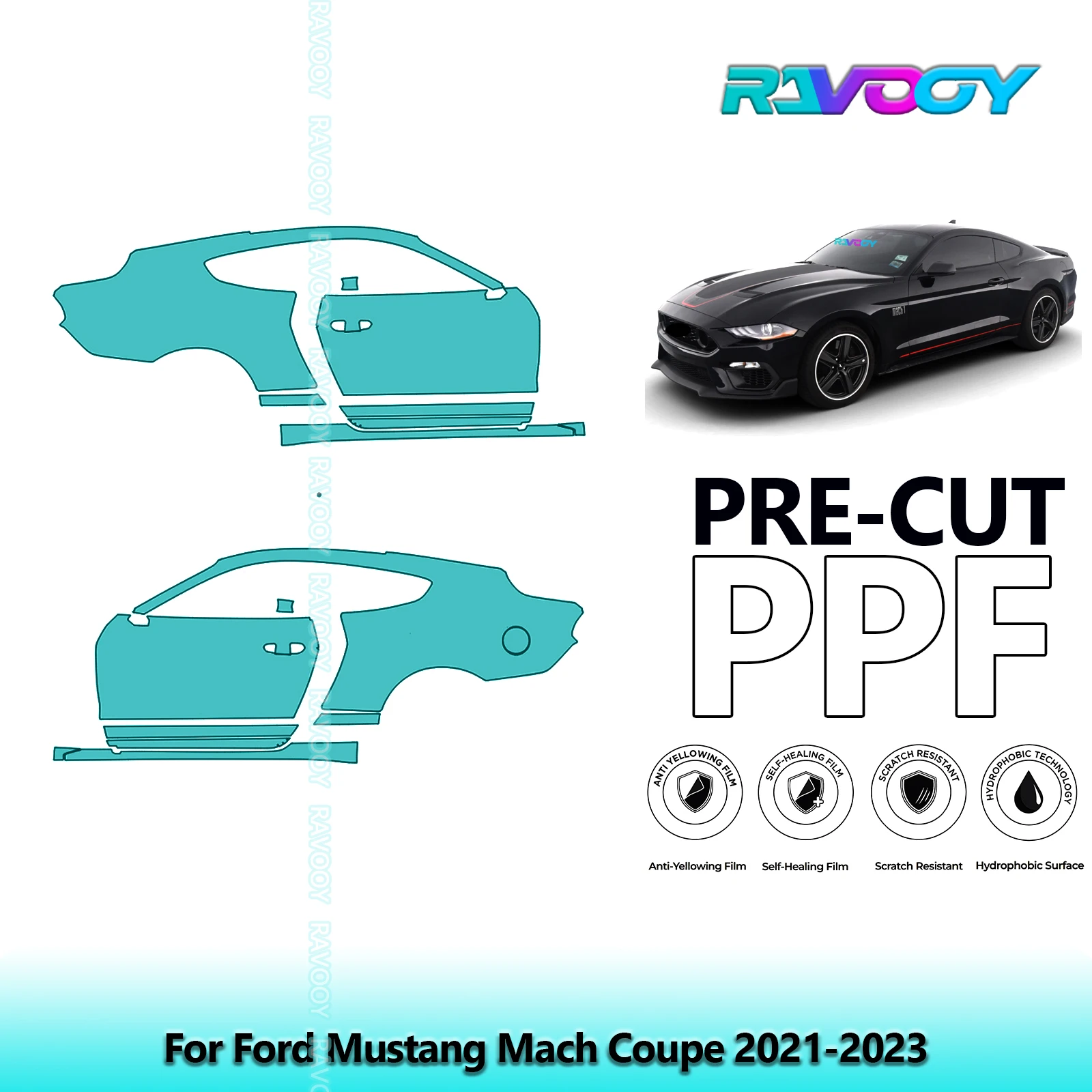 

For Ford Mustang Mach Coupe 2021-2023 8.5mil Clear Matte Pre-Cut PPF Door & A/B Pillar Kit TPU Paint Protection Film Set