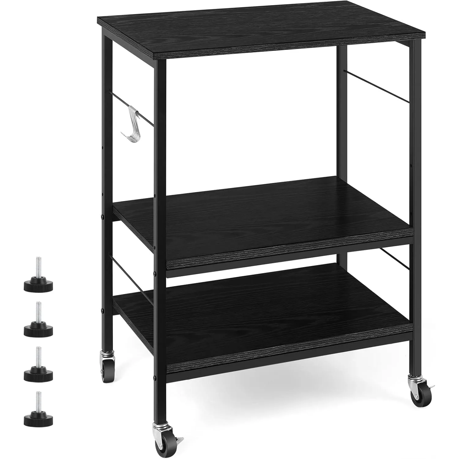 

Multi-Purpose 3-Tier Kitchen Cart with Storage Wheels, 10 Hooks & Black Frame - For Microwave, Coffee Bar & Home Decor