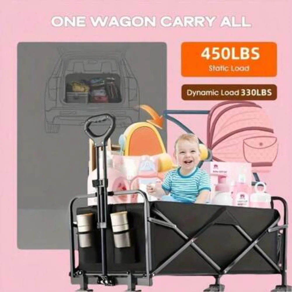 Collapsible Folding Wagon Cart with 330 Lbs Load Capacity Heavy Duty Metal Frame All Terrain Utility Folding Cart for Garden Shopping Camping Beach Lawn Sports Outdoor Gear Hauler Portable Compact Storage Adjustable Handle 4 Durable Wheels Black