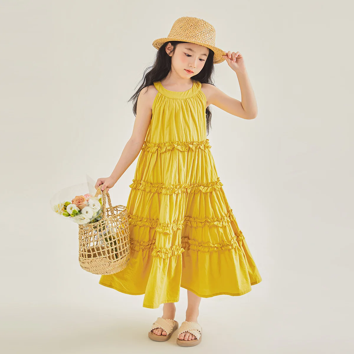 

Korean Summer Junior Girl Sleeveless Dress Children Girl Retro Casual Solid Cotton Sleeveless Dress School Girl O-neck Dress