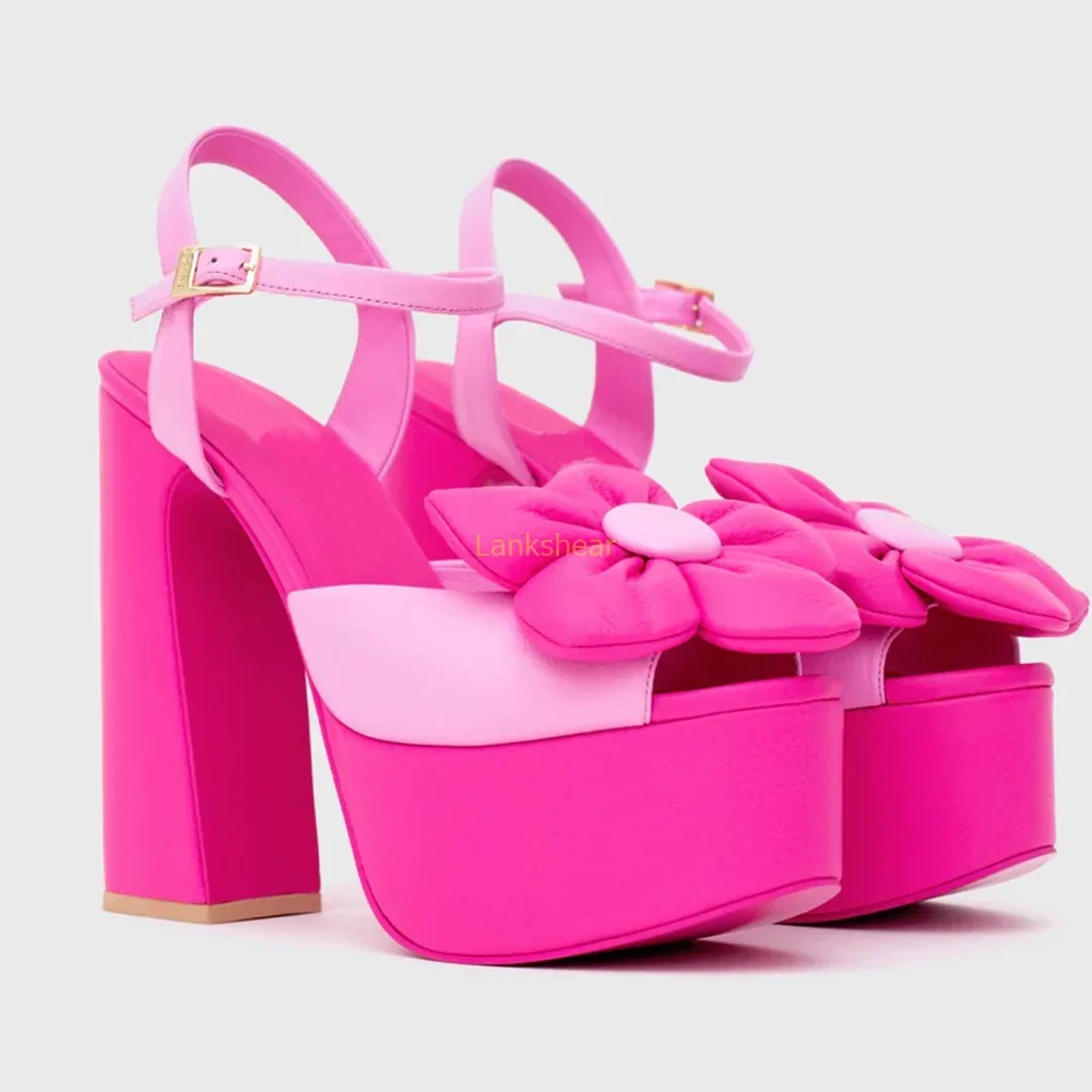 

Pink Flower Platfrom Sandals Sexy Rouned Toe Thick Heel Slingback Buckle Strap New Arrivals Fashion Women Runway Shoes