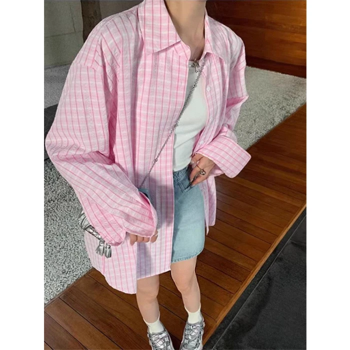 Women’s Clothing Spring Autumn Polo Collar Pink Plaid Casual Top Fashionable Women's Shirt Long Sleeve Blouses Korean Style