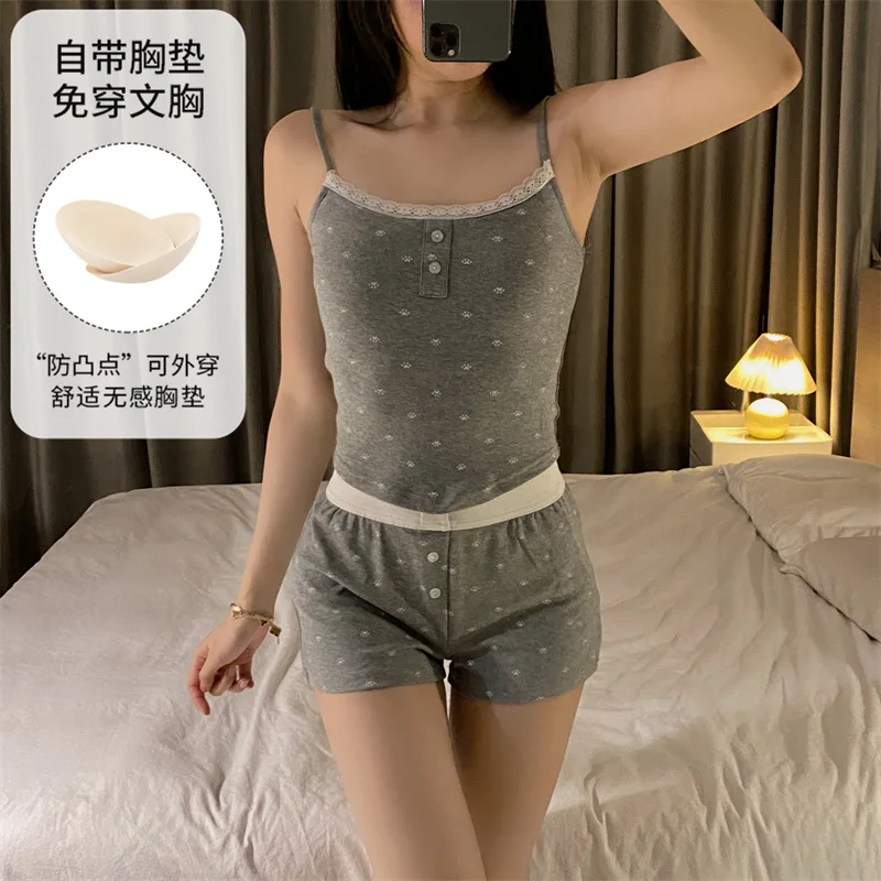 Pajamas with bra pads feminine 2025 new summer tight suspender shorts suit loungewear Young Girl Women Sexy Nightwear Pijamas