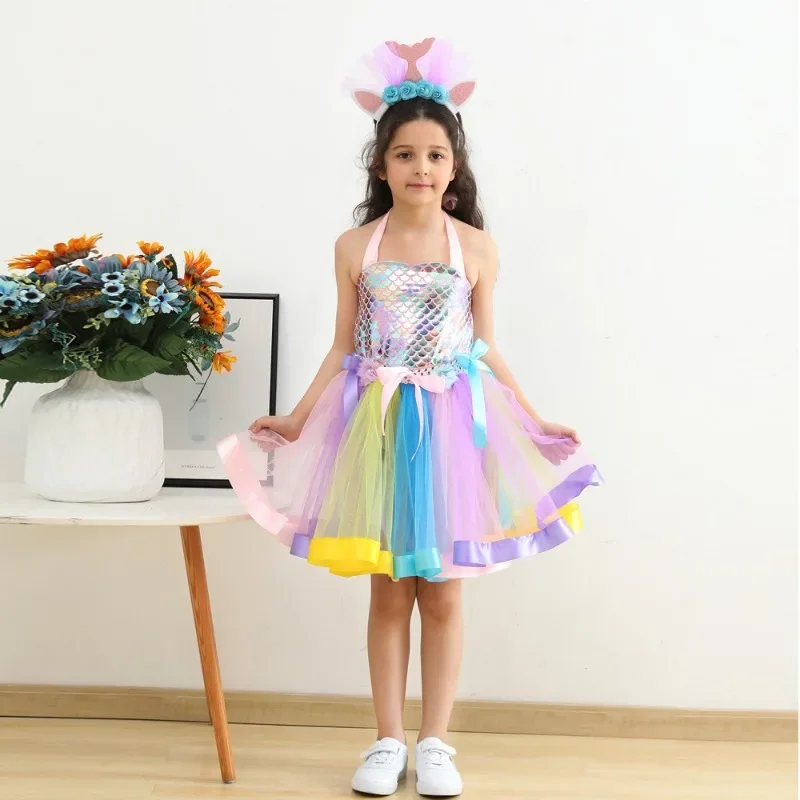 Little Mermaid Princess Dresses for Girls Kids Tutu Dress for Mermaid Birthday Party Costumes Halloween Clothes Set for Children