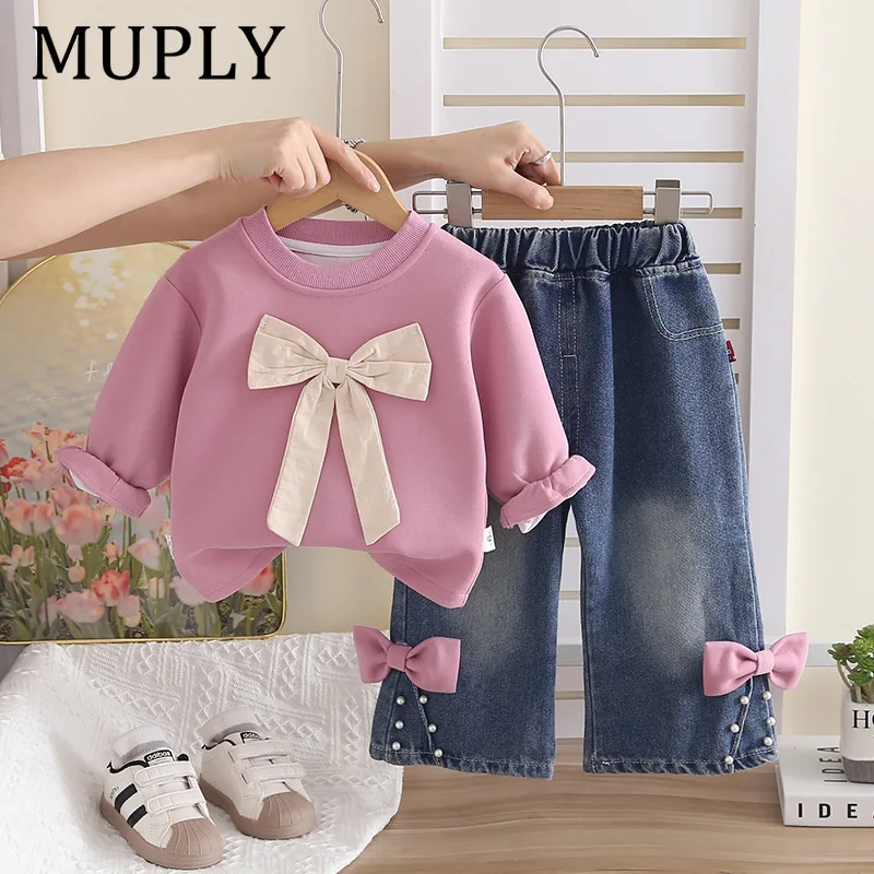 Children's Clothing Sets Bowknot Baby Girl Clothes Kids Boutique Clothes Pocket Hoodie + Pants Outfit Set for 1 To 6 Years