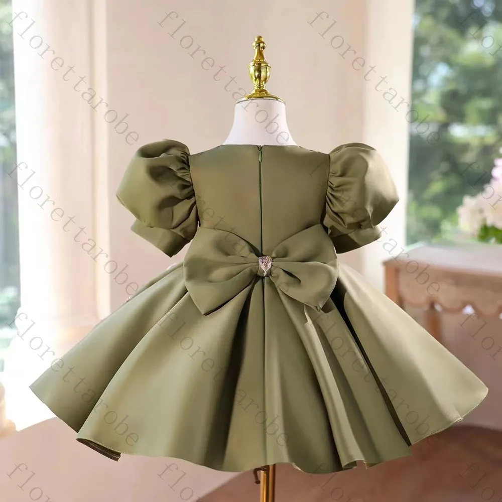 Customized Green Flower Girl Dress A Line Short Square Neck Puff Sleeve Satin Sequin Floral Applique Wedding Kids Princess Gown