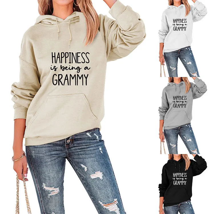 Autumn and winter long-sleeved hooded jumper happiness is being a new print loose casual blouse women's all-match jumper