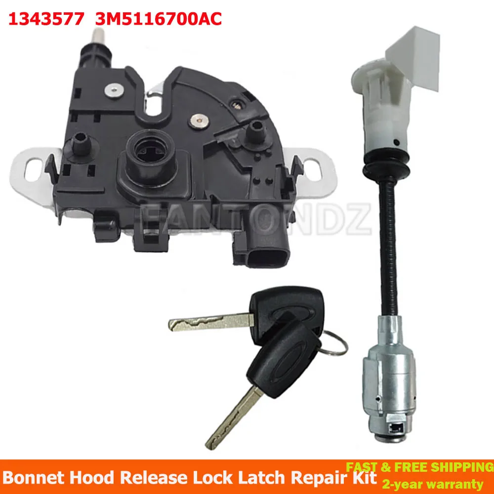 For Ford Focus MK2 C-Max Kuga Long Type Rod Bonnet Hood Release Lock Latch Repair Kit With 2 Keys 1343577 3M5116700AC 4895285