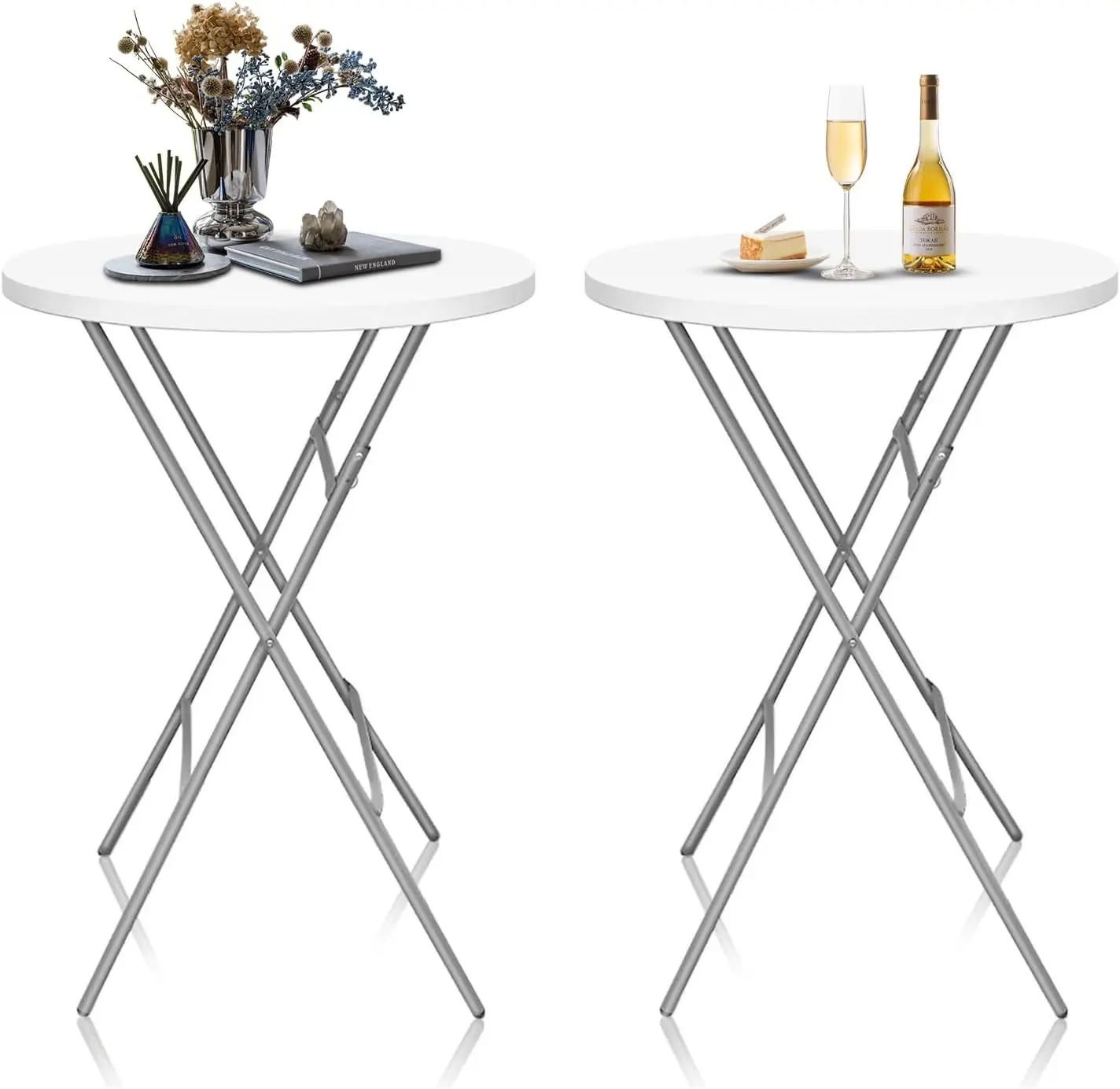 32inch Folding Cocktail Tables, Bar Height, 2 Pack, White | 32in round bar-height tables with foldable legs for parties, weddings, catering, and portable indoor or outdoor setups.