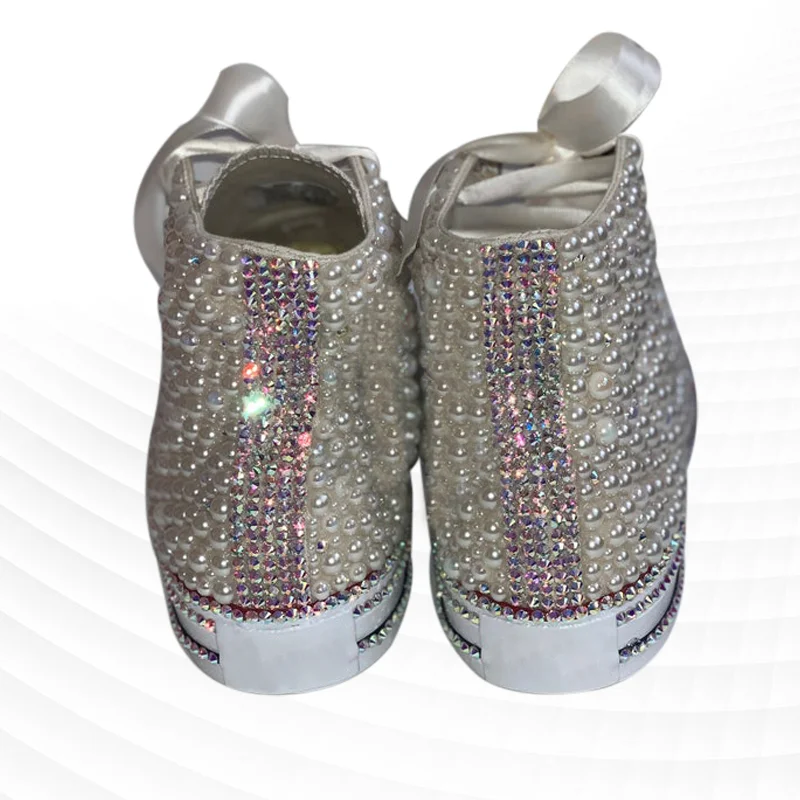 Custom pearl rhinestone sequin lace High top all-fit sports leisure walking canvas shoes for men and women large size 35-46