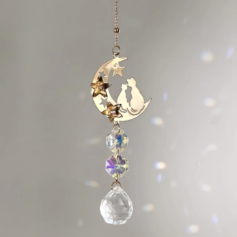 Moon Cat Suncatcher, Golden Crystal Prism Hanging Ornament, Home Bedroom Balcony Garden Window Decor