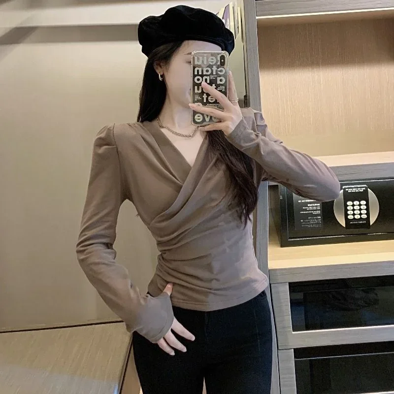 Tops Woman Korean Style Slim V Neck Long Sleeve T Shirt for Women Plain Y2k Fashion Korea Clearance Polyester With Sleeves Tee