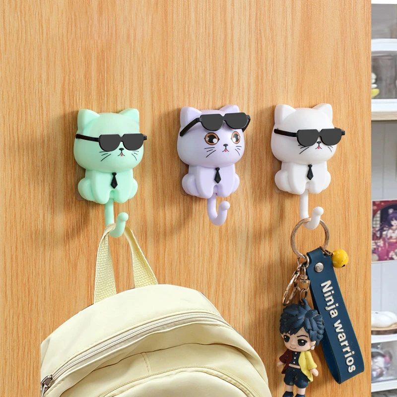 Cartoon Cat Hook Self Adhesive Dormitory Bedroom Door Hangers Hooks Key Umbrella Towel Cap Coat Rack Wall Animal Decoration Rack