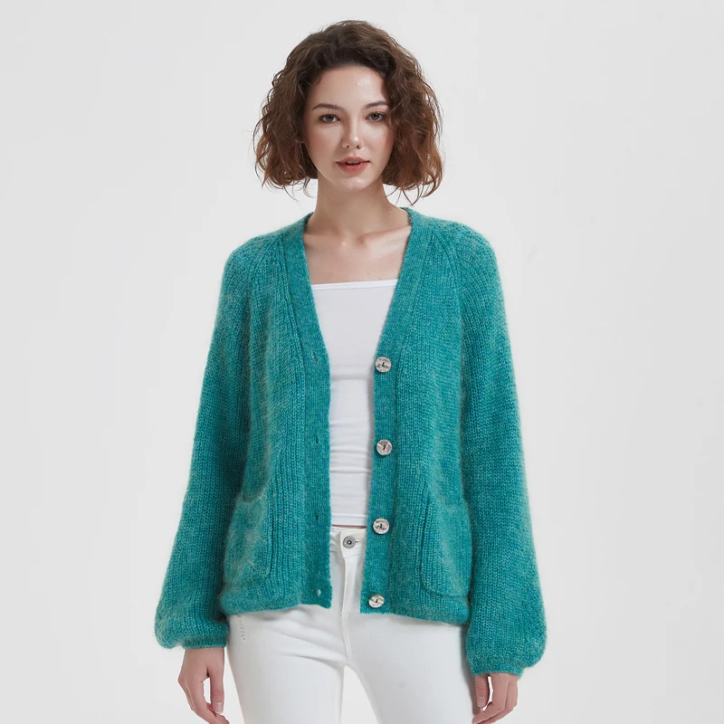 BAHTLEE-Women\'s Mohair Knitted Cardigan, Long Puff Sleeves Wool Coat, Casual V-Neck, Buttons Pocket, Loose Style, Winter