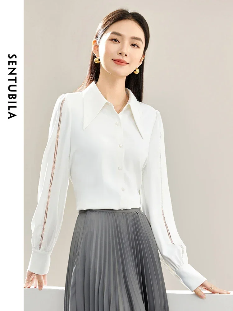 Sentubila casual camisa branca senhoras 2025 primavera outono simples botão até oco para fora manga longa blusas superiores para mulher 143c57366x