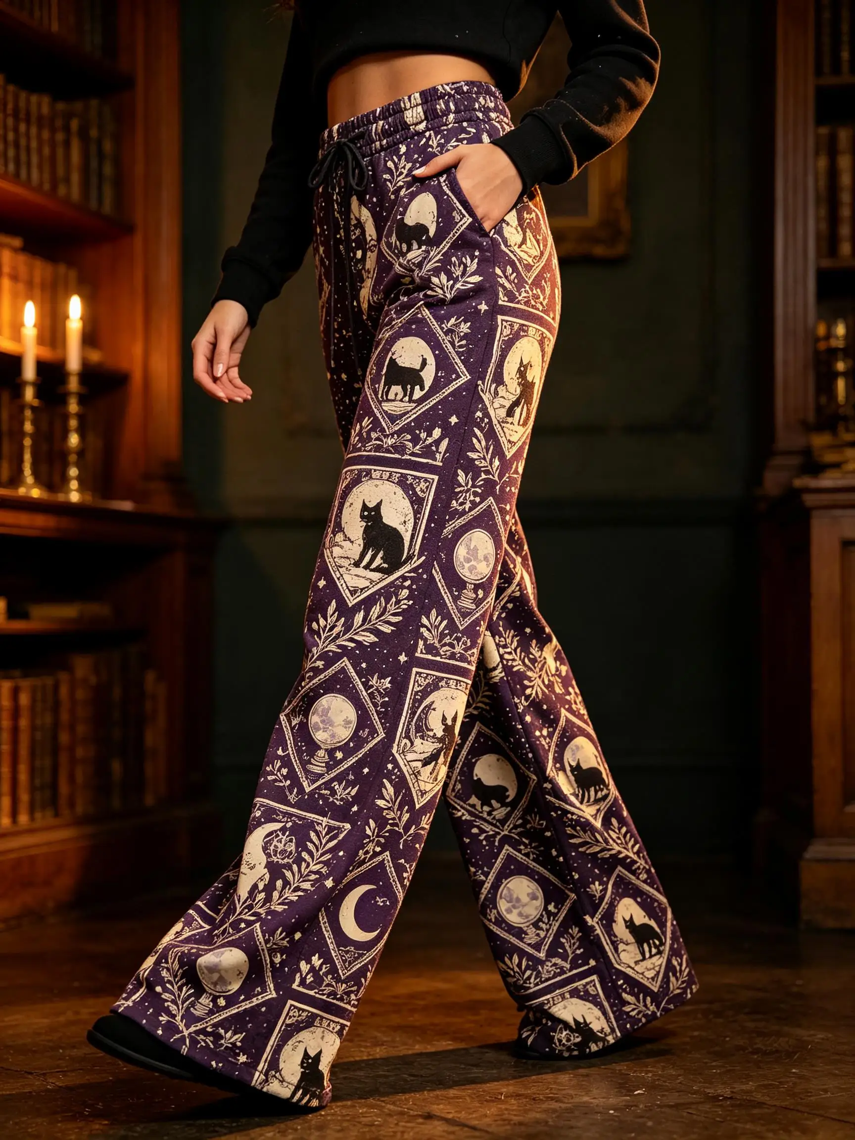 Halloween Women Gothic Tarot Black Cat Moon Print Wide Leg Sweatpants Drawstring Elastic Waist Casual Trousers With Pockets