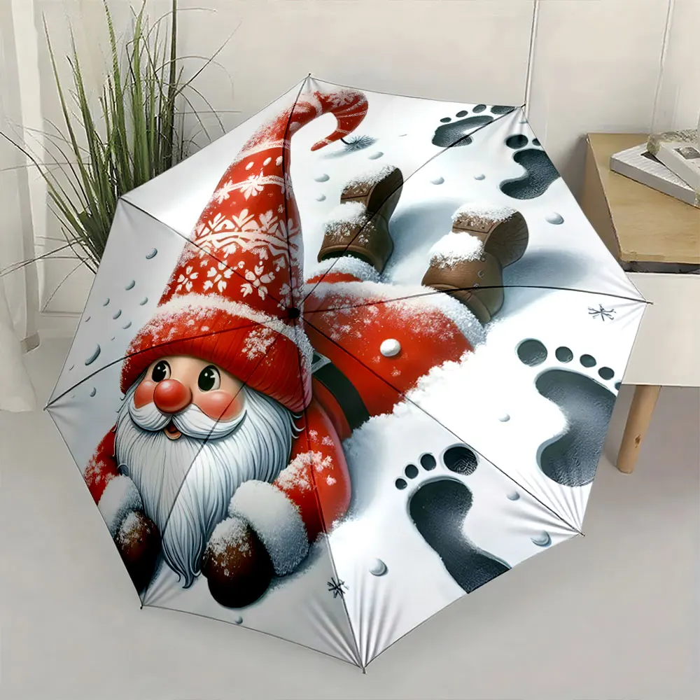 1PC Whimsical Christmas Gnome Umbrella with Snowy Design Print 8 Iron Ribs Folding Umbrella Auto-Open Fashion Sunshade