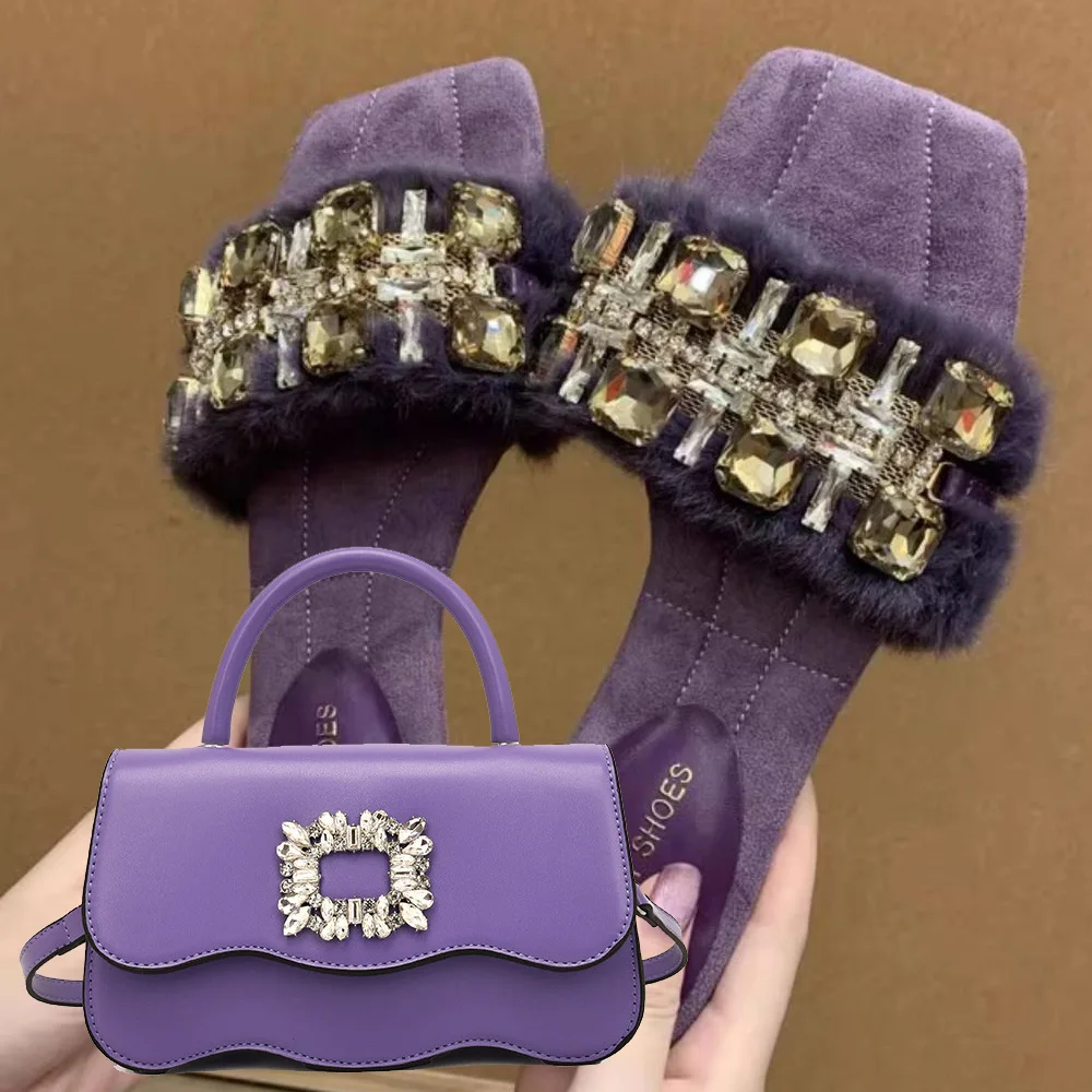 

Luxury Rhinestone Fuzzy Slippers Women's Autumn New Comfortable Open Toe Slippers Rhinestone Shoulder Bag Small Square Bag Set