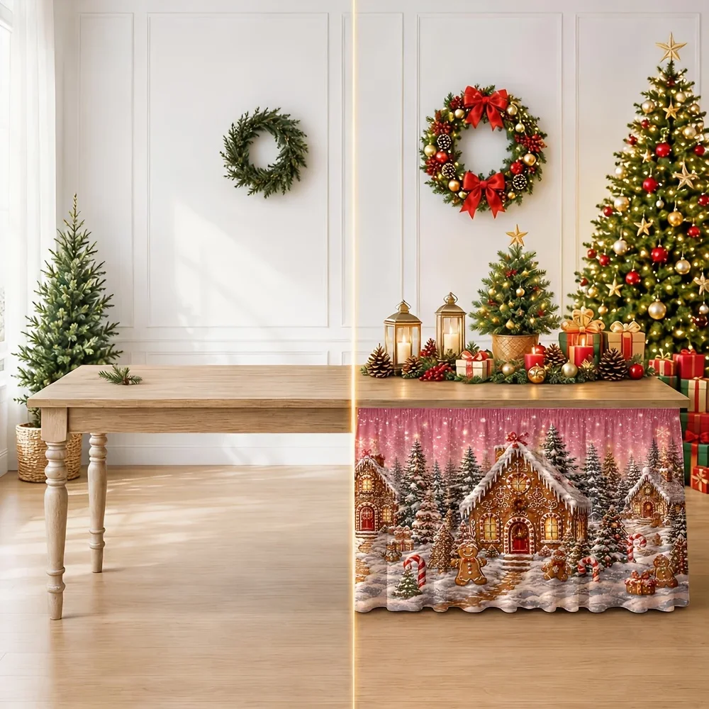 Table skirt for party: 1 piece. Christmas Village - Winter Wonderland - Scene of a Snowy Cottage.