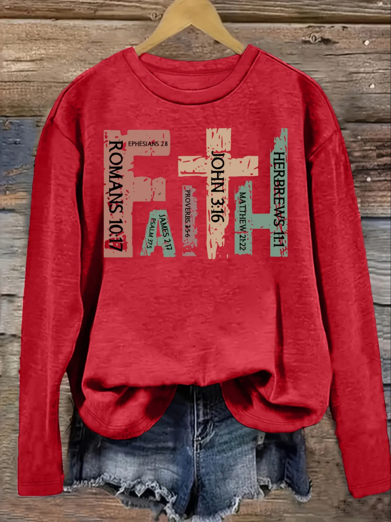 Women's Casual Long Sleeve Crew Neck T-Shirt Faith Bible Verse Graphic Print Design, Round Neck Women's Clothing, Machine Washable, Slightly Elastic, Loose Fit, Spring Autumn Winter Women's T-Shirt, Halloween Costume Outfit view 4