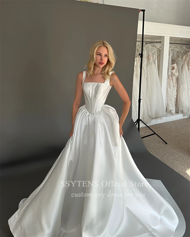 Trendy Satin Square Neck Wedding Dresses Boning Custom Made Bride Dress Princess Sleeveless Floor Length A Line Bridal Gowns